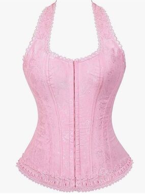 Pink Halter Lace-Trim Corset Top